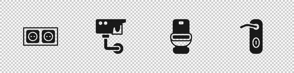 Set Electrical outlet, Security camera, Toilet bowl and Door handle icon. Vector Stockillustratie
