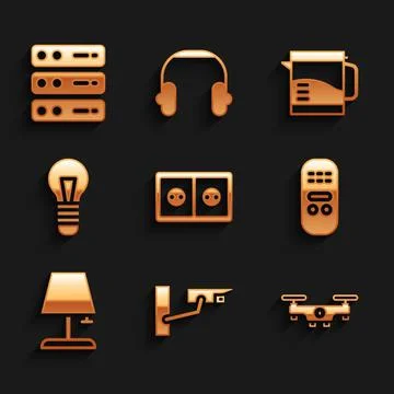 Set Electrical outlet, Security camera, Drone flying, Remote control, Table lamp Stock Illustration