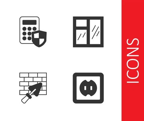 Set Electrical outlet, Security keypad access panel, Brick wall with trowel and Stock Illustration