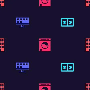 Set Electrical outlet, Smart Tv, Washer and House on seamless pattern. Vector Ilustración de archivo