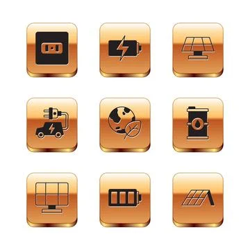 Set Electrical outlet, Solar energy panel, Battery, Earth globe and leaf, car Stock Illustration