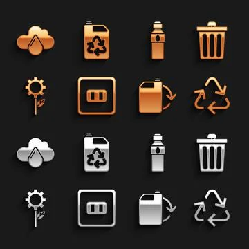Set Electrical outlet, Trash can, Recycle symbol, Eco fuel canister, Leaf plant Stock-Illustration