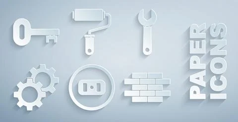 Set Electrical outlet, Wrench spanner, Gear, Bricks, Paint roller brush and.. Stock Illustration