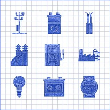 Set Electrical panel, Car battery, meter, Power station plant and factory, Light Ilustración de archivo