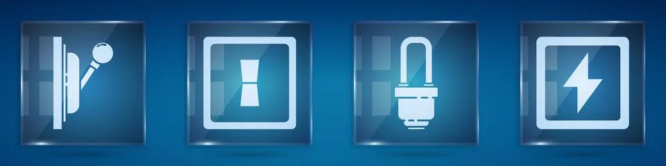 Set Electrical panel, Electric light switch, LED light bulb and Lightning bolt Stock Illustration