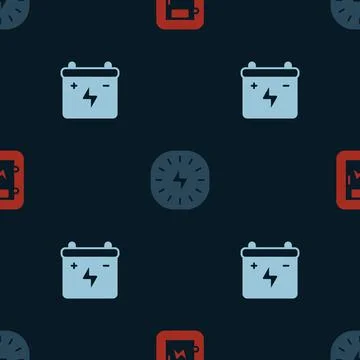 Set Electrical panel, Lightning bolt and Car battery on seamless pattern. Vector 스톡 일러스트