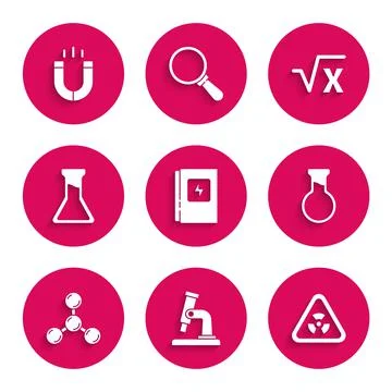 Set Electrical panel, Microscope, Triangle with radiation, Test tube and flask Stock Illustration