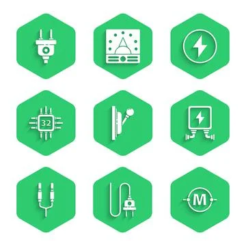Set Electrical panel, plug, circuit scheme, transformer, Audio jack, Processo Ilustração Stock