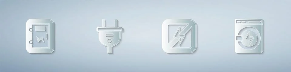 Set Electrical panel, plug, No lightning and Washer. Paper art style. Vector イラスト素材