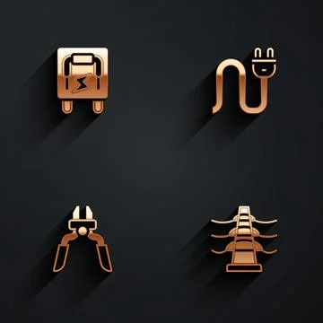 Set Electrical panel, plug, Pliers tool and tower line icon with long shado.. Illustrazione stock