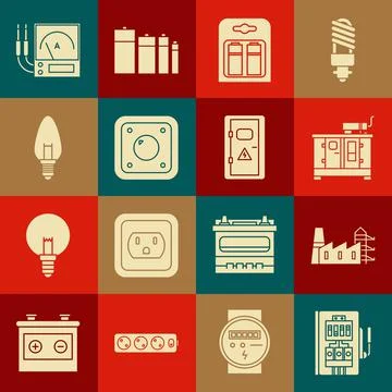 Set Electrical panel, Power station plant and factory, Diesel power generator Stock Illustration