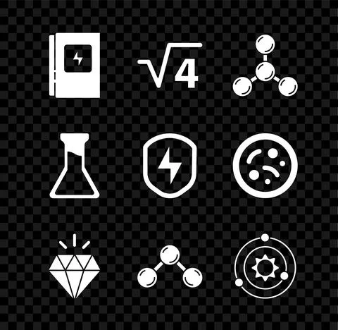 Set Electrical panel, Square root of 4 glyph, Molecule, Diamond, Solar system Stock Illustration