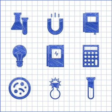 Set Electrical panel, Test tube and flask, Calculator, Bacteria, Light bulb with Stock Illustration