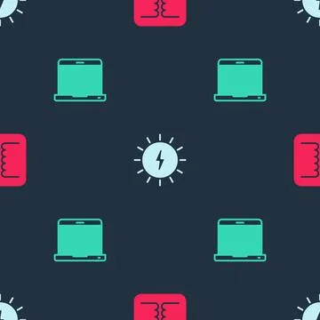 Set Electrical transformer, Solar energy panel and Laptop on seamless pattern Stock Illustration