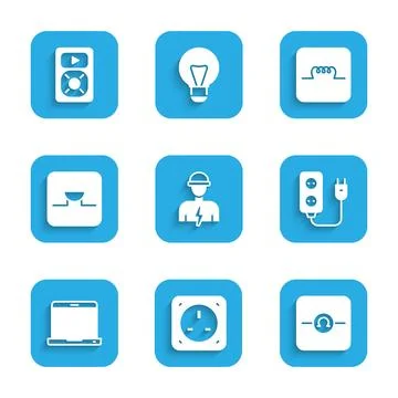 Set Electrician, Electrical outlet, Ohmmeter, extension, Laptop, Buzzer in Stock Illustration
