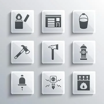 Set Electricity spark, Matchbox and matches, Fire hydrant, Firefighter axe Stock Illustration