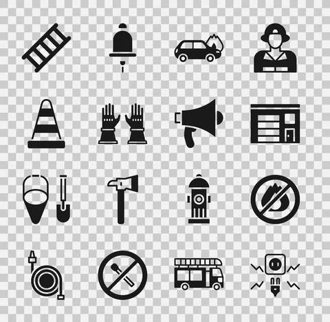 Set Electricity spark, No fire, Building of station, Burning car, Firefighter Ilustración de archivo