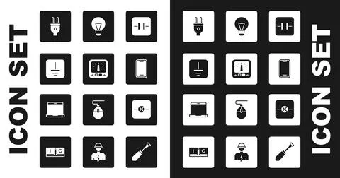 Set Electrolytic capacitor, Ampere meter, multimeter, Electrical symbol ground Stock Illustration