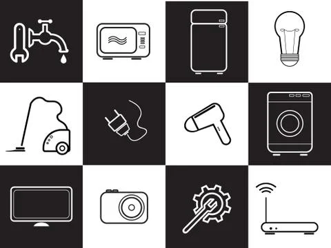 Set of electronic and technical in black and white colors Stock Illustration