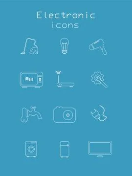 Set of electronic and technical in blue colors Stock Illustration
