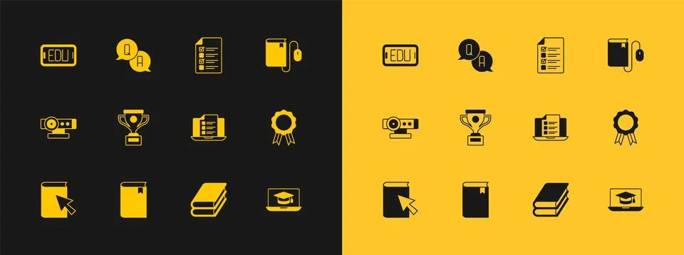 Set Electronic book with mouse, Book, Online quiz, test, survey, Award cup,.. イラスト素材