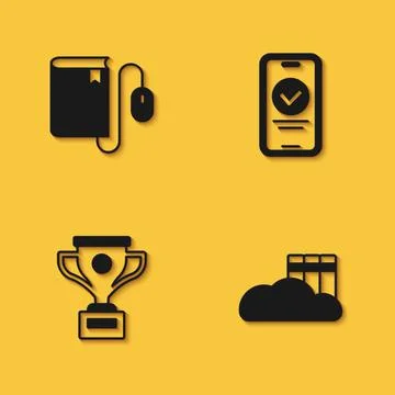 Set Electronic book with mouse, Cloud or online library, Award cup and Online Stock Illustration