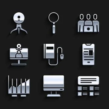 Set Electronic book with mouse, Computer monitor screen, Online quiz, test Stock Illustration