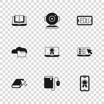 Set Electronic book with mouse, Online quiz, test, survey, education diplom.. Stock Illustration