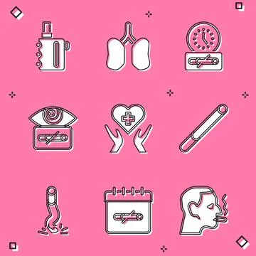 Set Electronic cigarette, Lungs, No smoking time, Hypnosis, Heart with cross Stock Illustration