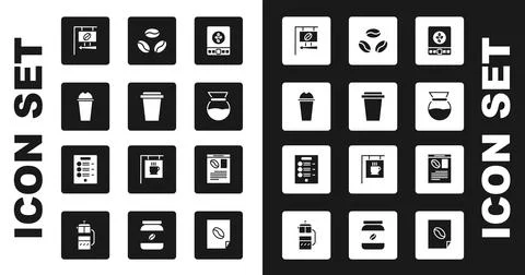 Set Electronic coffee scales, Coffee cup to go, Milkshake, Street signboard Ilustração Stock
