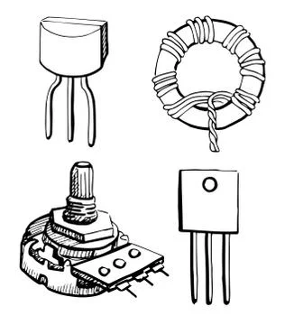 Set Electronic components: potentiometer, transistor, inductor Stock Illustration
