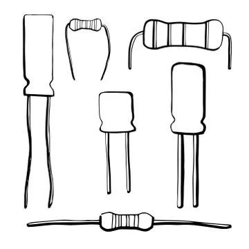 Set of electronic components: resistor, electrolytic capacitor Stock Illustration
