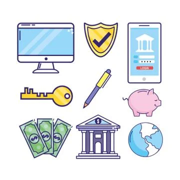 Set electronic computer and smartphone to security transaction Ilustración de archivo