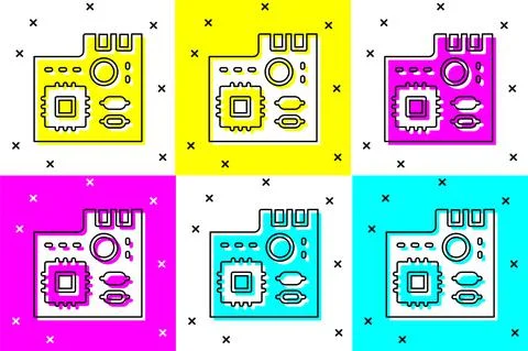 Set Electronic computer components motherboard digital chip integrated science 스톡 일러스트