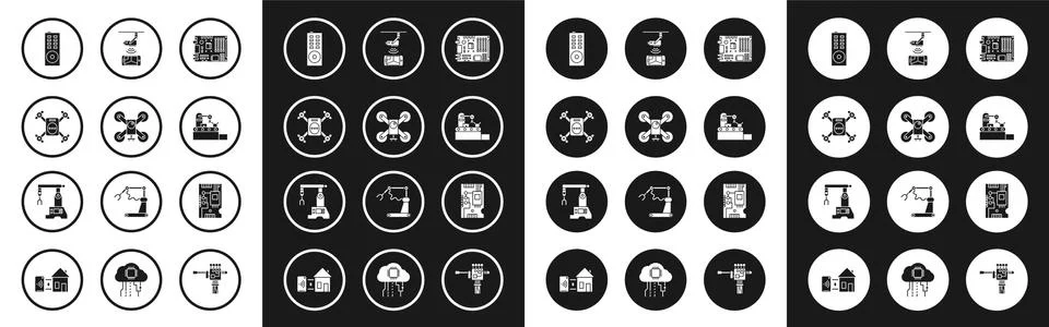 Set Electronic computer components motherboard digital chip, Remote control Stock-Illustration