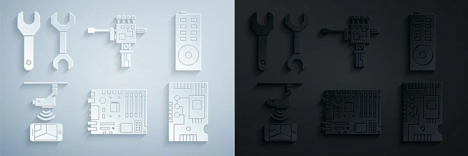 Set Electronic computer components motherboard digital chip, Remote control Illustrazione stock
