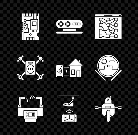 Set Electronic computer components motherboard digital chip, Assembly line Stock Illustration
