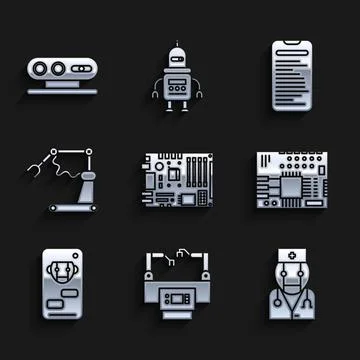 Set Electronic computer components motherboard digital chip, Printed circuit PCB Ilustración de archivo