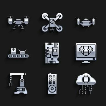 Set Electronic computer components motherboard digital chip, Remote control Stock-Illustration