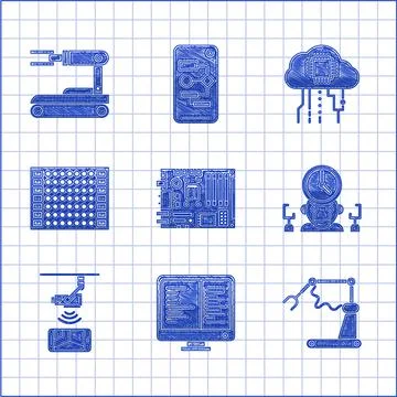 Set Electronic computer components motherboard digital chip, Robot time manager Stock Illustration