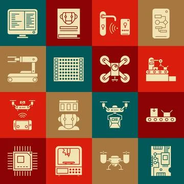 Set Electronic computer components motherboard digital chip, Printed circuit PCB Stock Illustration