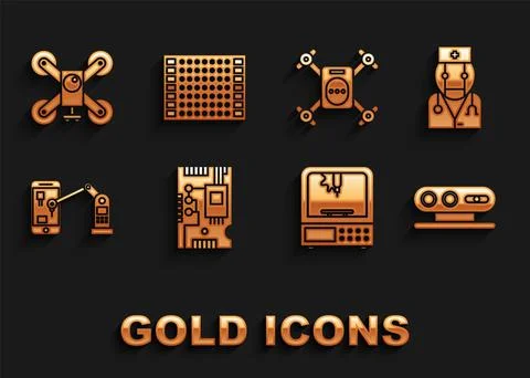 Set Electronic computer components motherboard digital chip, 3D printer Stock Illustration