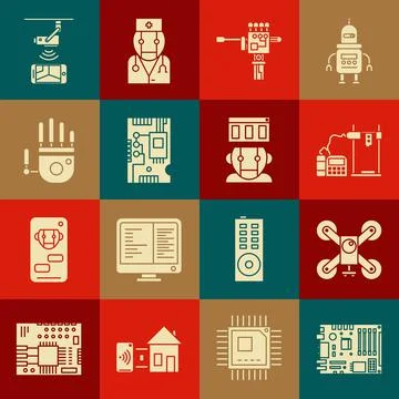 Set Electronic computer components motherboard digital chip, 3D printer Stock Illustration