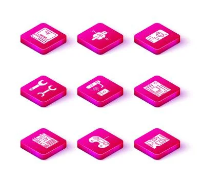 Set Electronic computer components motherboard digital chip, Remote control.. Stock Illustration