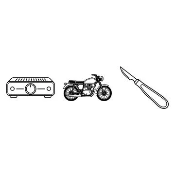 Set of electronic device motorcycle and surgical scalpel icons Stock Illustration