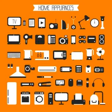 Set of electronic devices and home appliances colorful icons in flat style. Stock Illustration