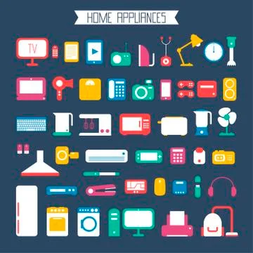 Set of electronic devices and home appliances colorful icons in flat style. Stock Illustration