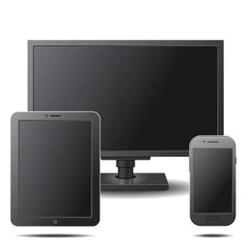 Set of Electronic Devices with Black Blank Screens - Desktop Computer, Tabl.. Stock Illustration