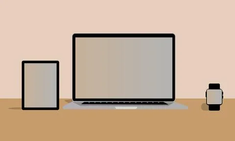 Set of Electronic Devices Laptop, Tablet smart watch  on table Stock Illustration