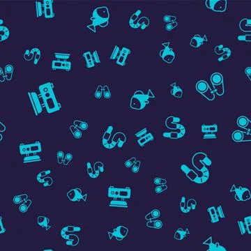 Set Electronic scales, Binoculars, Fish and Worm on seamless pattern. Vector Stock Illustration